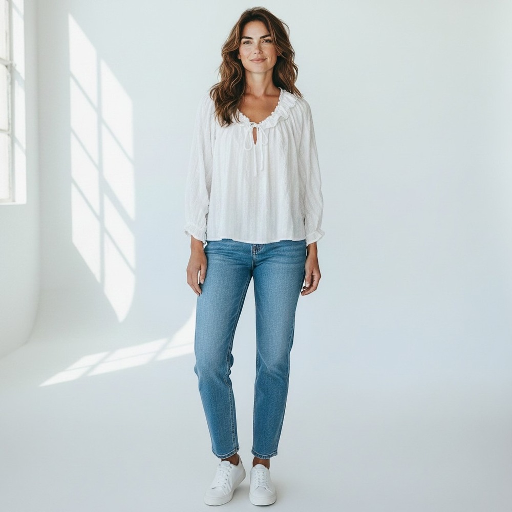 Free People Size M Bohemian Peasant Blouse‎ White Billowy Western Cottagecore